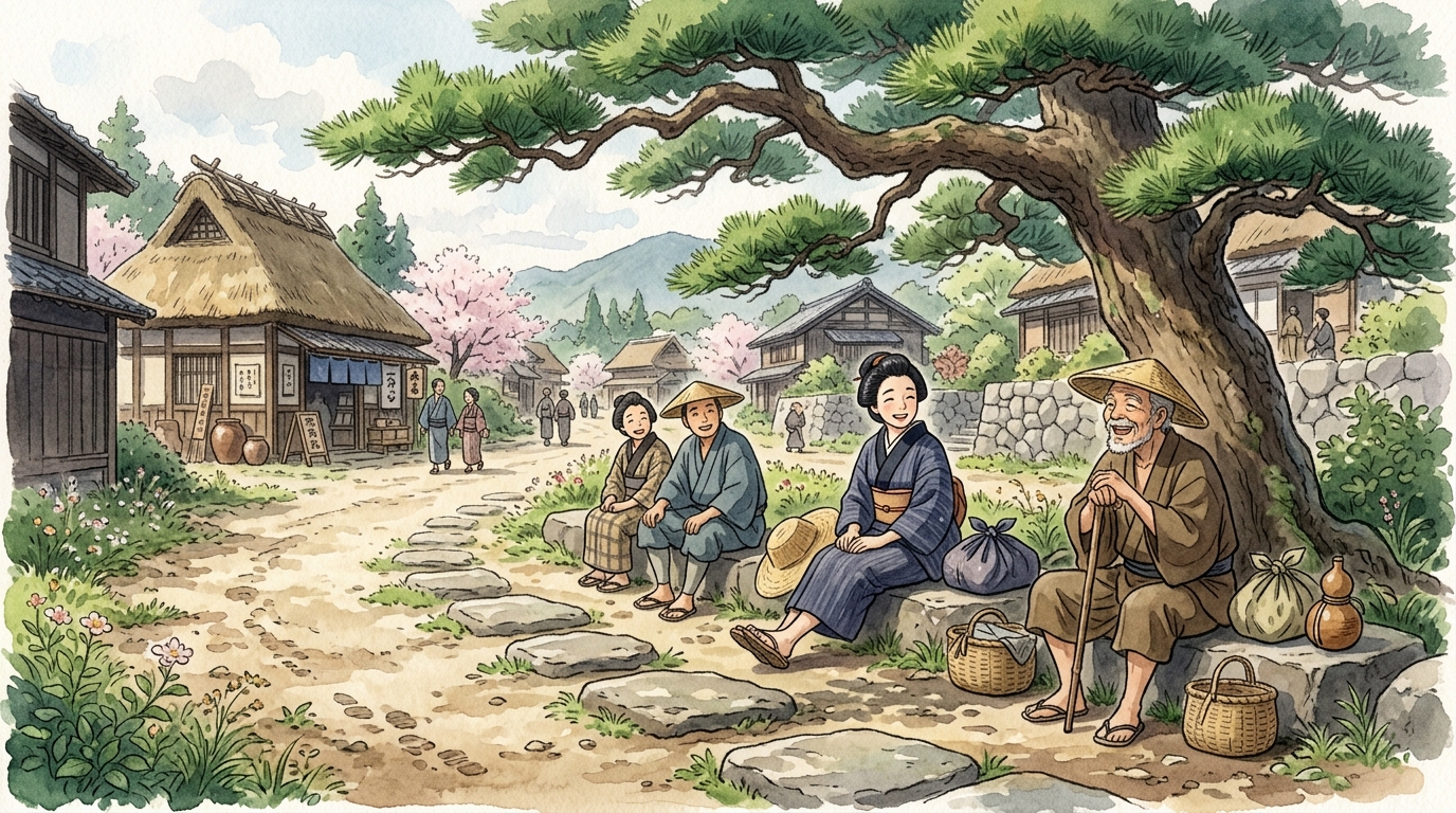蝉川七つ石で休む江戸時代の農民のイメージ